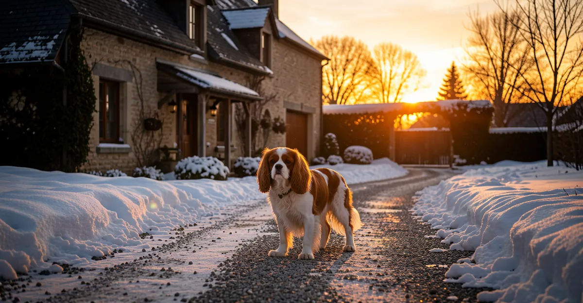 Un Cavalier King Charles seul la journée, attendant sagement dans une allée enneigée.
