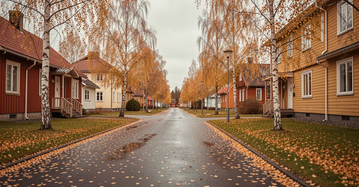 Une rue résidentielle calme en automne, idéale pour choisir des friandises pour chien de qualité.