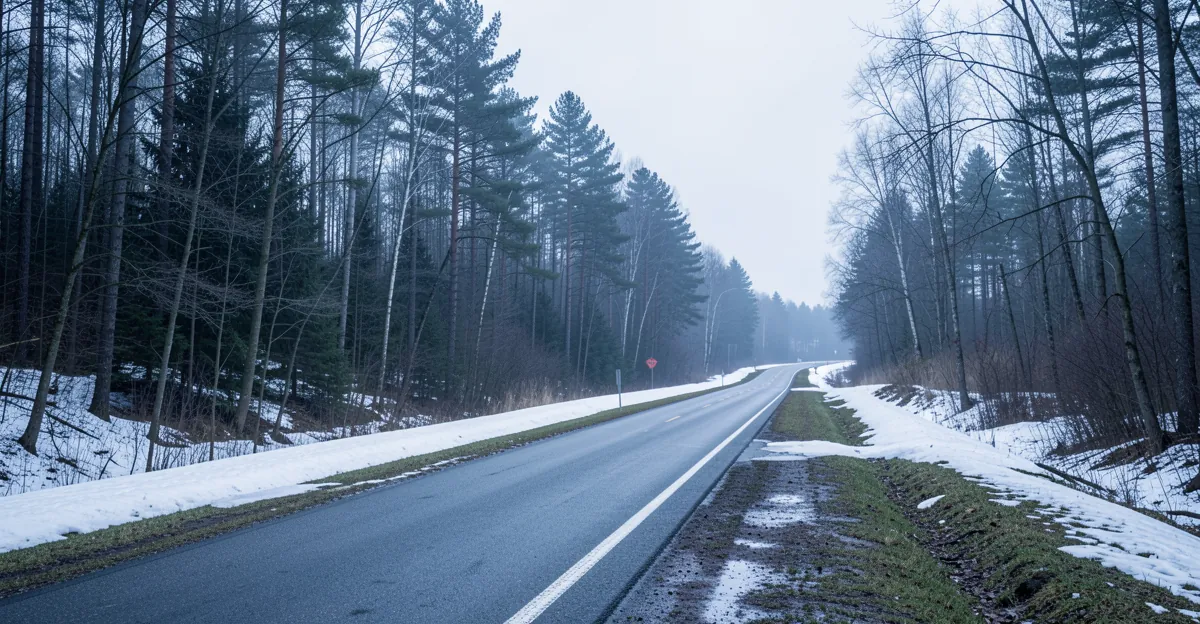 Route bordée d'arbres en début de printemps pour illustrer le choix d'une gamelle anti glouton chien.