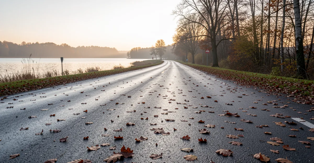 Une route de bord de lac en automne où une gamelle chien pourrait être utilisée.