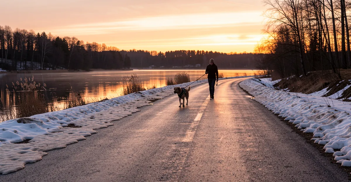 Un chien portant un harnais anti traction chien sur une route de bord de lac en hiver.