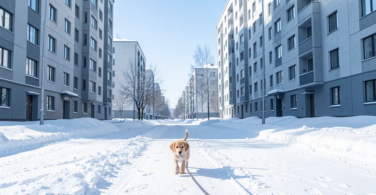 Un chiot marchant dans une rue enneigée, illustrant l'usage d'un harnais anti traction chiot.