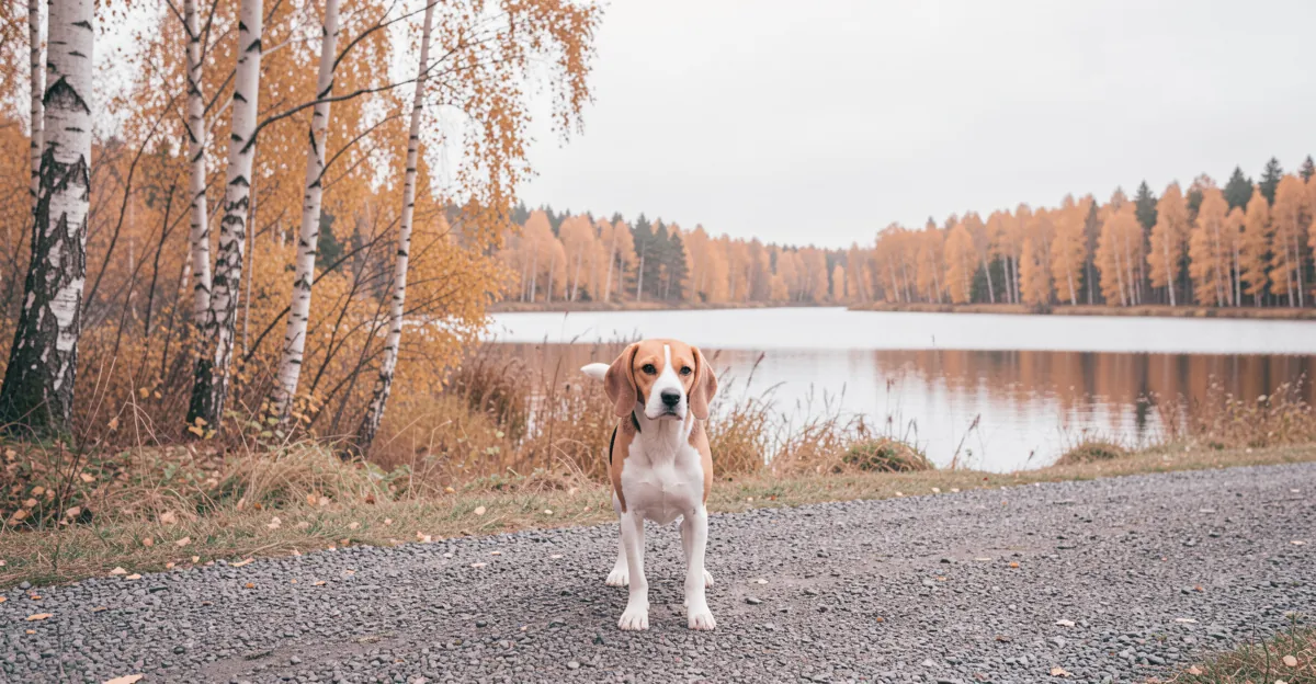 Un Beagle équipé d'un harnais beagle sur un sentier en bord de lac en automne.