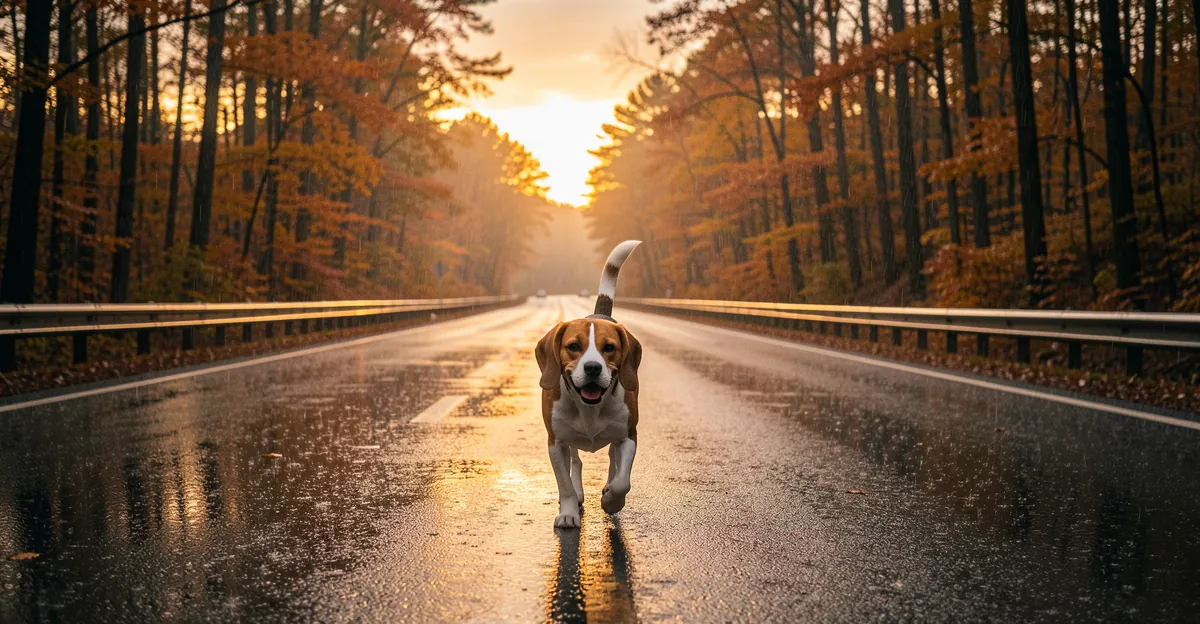 Un Beagle marchant sur une route forestière en automne pour la sélection d'une muselière beagle.