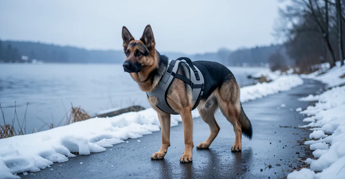 Un chien Berger Allemand équipé d'un harnais berger allemand sur une rive de lac en hiver.