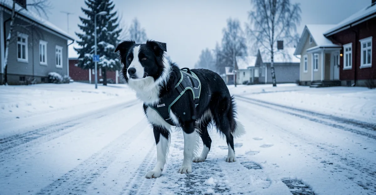 Un Border Collie portant un harnais border collie adapté dans une rue enneigée.