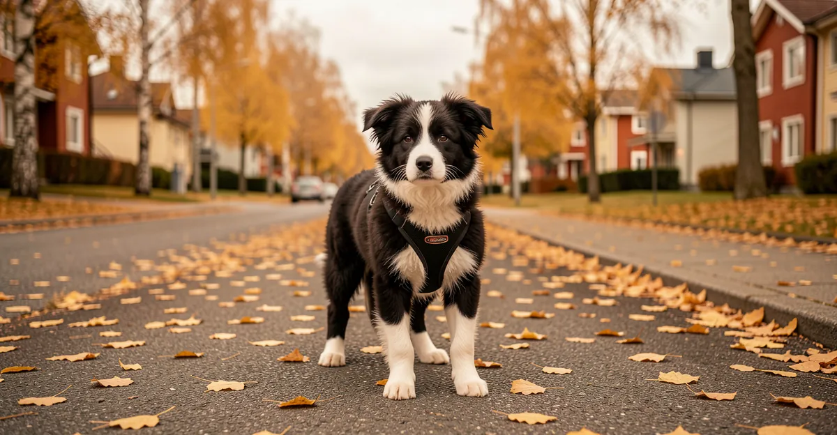 Un chiot Border Collie portant un harnais border collie chiot dans une rue en automne.
