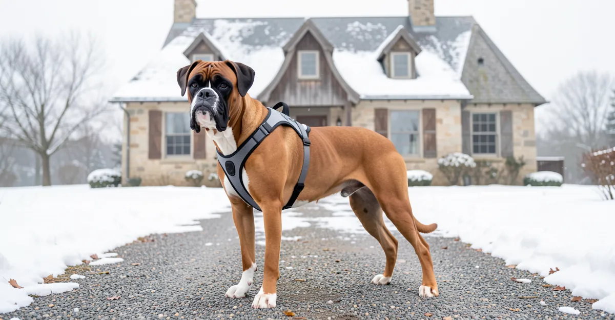 Un Boxer robuste portant un harnais boxer ergonomique sur une allée enneigée.