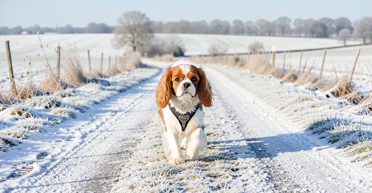 Un Cavalier King Charles avec un harnais cavalier king charles sur une route rurale enneigée.