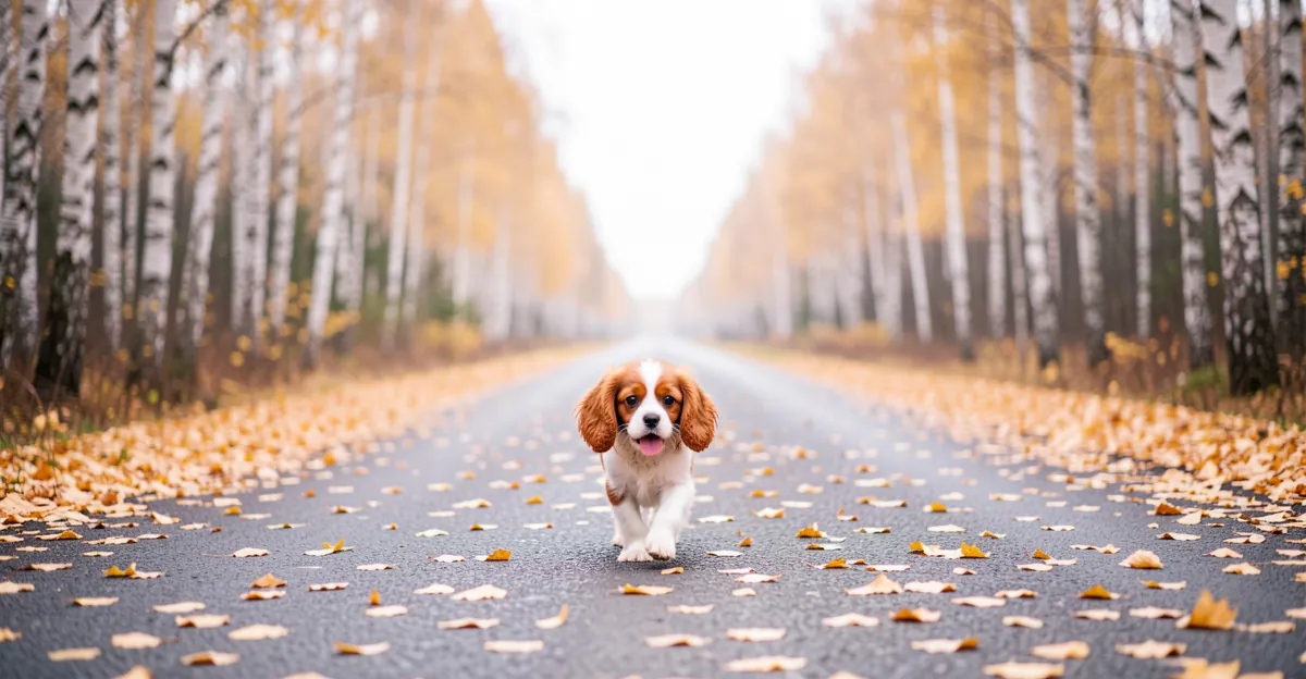Promenade en forêt pour un harnais chiot cavalier king charles dans un cadre automnal.